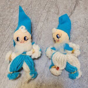 vintage two Handmade Felt Yarn & Pom Pom Christmas Ornament Elfs